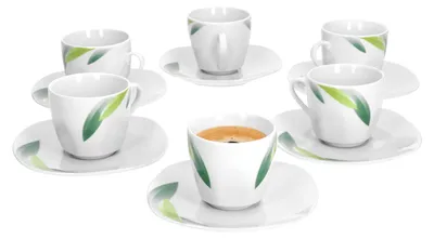 Obrázek produktu pro Van Well Siena sada 6 šálků + podšálků na espresso, sada na espresso, dekor listů, jemný značkový porcelán