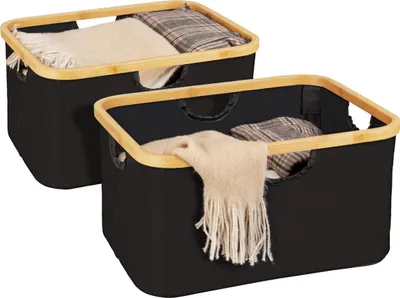 Produktbild von WENKO 2er Set Korb Ecori aus Polyester und Bambus in Schwarz 40 x 21,5 x 33 cm