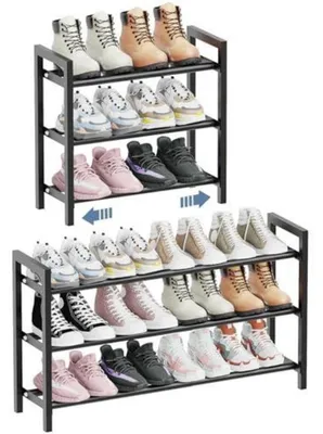Immagine prodotto di Scaffale per scarpe, 3 ripiani, espandibile, regolabile, in metallo, colore nero, larghezza 45-82 cm
