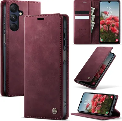 Image de Etui en cuir pour Samsung Galaxy A25 5G, protection RFID, fermeture magnétique, fentes pour cartes et fonction stand Rouge