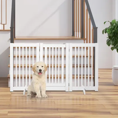 Produktbild von Hundegitter freistehend klappbar, Absperrgitter Hund, Treppenschutzgitter MDF, Weiß | 155 x 76 cm | 3 Paneele | mit Tür