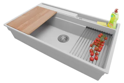 Produktbild von PRIMAGRAN Spülbecken Grau 88x53cm, Granitspüle 1 Becken + Ablauf-Set + Küchenzubehörset, Küchenspüle ab 90er Unterschrank - Oslo Pocket