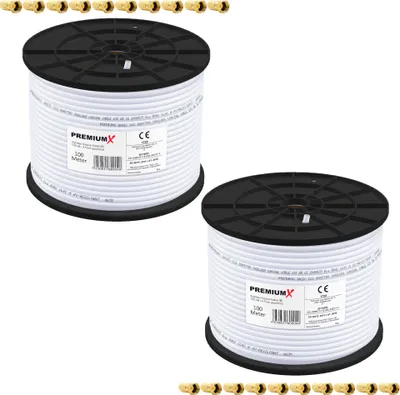 Produktbild von PremiumX 2x 100m BASIC Koaxialkabel 135dB 4-fach SAT Koax Kabel 20x F-Stecker