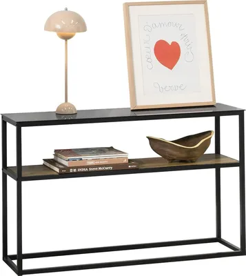Immagine prodotto di SoBuy Consolle vintage con piano in vetro Tavolino da corridoio in metallo Credenza decorativa Tavolino stretto Tavolino da divano Naturale/nero WHD circa: 110x70x30cm