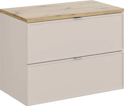 Produktbild von Badezimmer-Waschtischunterschrank 80 cm in Kaschmir & Eiche mit 2 Schubladen - BIBIONE-56