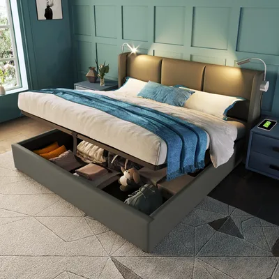 Immagine prodotto di Letto imbottito Flieks 180x200 cm con rete a doghe, letto boxspring con luce di lettura e funzione di contenimento, letto matrimoniale con contenitore, letto funzionale, lino, grigio