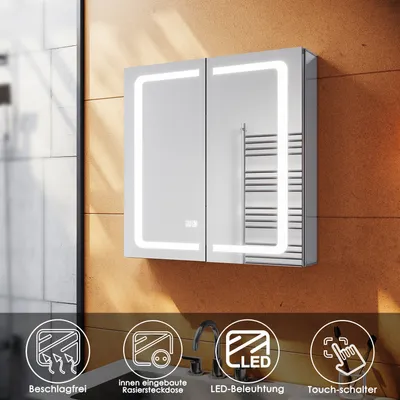 Image de SONNI armoire de toilette LED en aluminium avec interrupteur tactile & prise de courant & fonction anti-buée 65x65x13.3cm