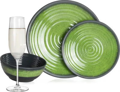 Produktbild von Melamin Camping Geschirr Set 4 Personen Stone Green + 4 Tiamo Champgner Gläser Flûtes Tafelgeschirr Picknick BBQ Kochgeschirr