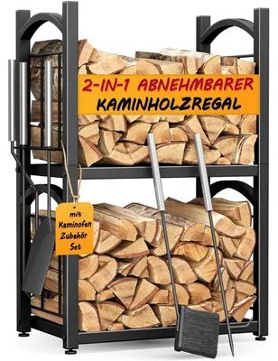 Image de Étagère pour bois de chauffage 2 en 1, pour intérieur et extérieur, dimensions 78 x 46 x 32 cm, en métal, avec 4 accessoires