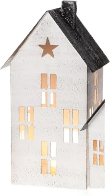 Imagen del producto de Lámpara decorativa para jardín, lámpara de mesa, farol de jardín de metal con forma de casa, en color blanco envejecido con techo gris antracita, o en color crema, en diferentes tamaños (grande, blanco envejecido)