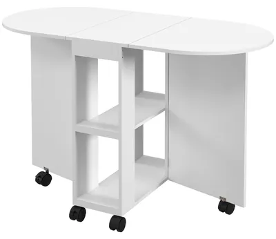 Produktbild von Klappbarer Esstisch auf Rollen, Kš¹chentisch fš¹r 4 Personen, 2 Ausklappplatten und 2 Ablagen, 120 x 60 x 77 cm, wei?