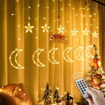 Produktbild von Famanu Lichtervorhang 138 Lichter - 8 Modi - Stern und Mond - für Fenster - Schlafzimmer - Feiern - Dekoration während Ramadan und Eid