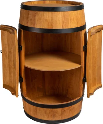 An open barrel-shaped cabinet with two shelves, designed to resemble a wine barrel.