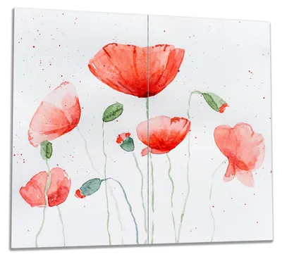 Produktbild von Wallario Herdabdeckplatte aus Glas, Größe 60 x 52 cm 2-teilig, Motiv Mohnblumen in Aquarell