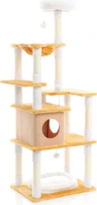 Immagine prodotto di Tiragraffi Fudajo in bianco/marrone alto 164 cm, tiragraffi per gatti con casetta per gatti e abbeveratoio, albero per gatti con sisal, peluche e palline da gioco