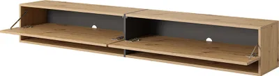 A long, low TV stand with two compartments, each with a drop-down door.
