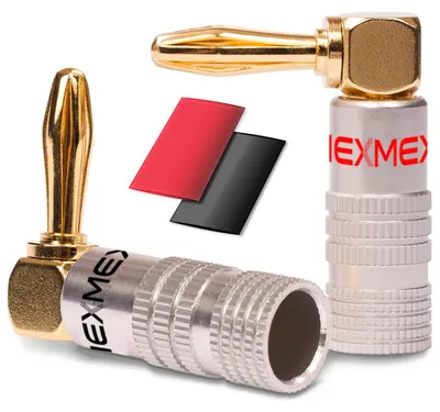 Produktbild von NEXMEX Winkel Bananenstecker 24K vergoldet 2x Schrumpfschlauch Steckverbinder
