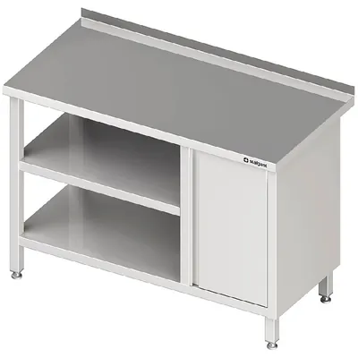 Obrázek produktu pro Pracovní stůl s podstavcem a mezipolicí, 1400x600x850 mm, se skříňkou s výklopnými dveřmi vpravo, s podstavcem, svařovaný