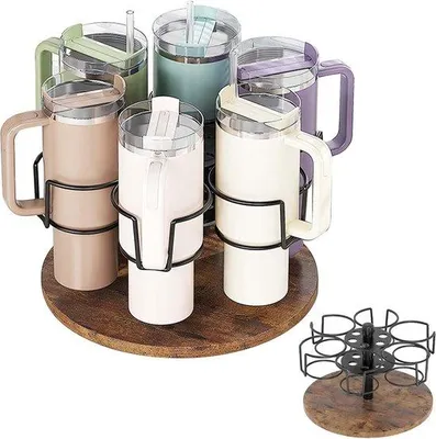 Produktbild von Famanu Becherhalter mit drehbarem Design und Holzsockel - Organizer für Tassen und Kaffeebecher