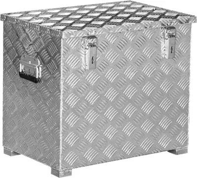A silver aluminum transport box with a diamond plate pattern and two latches on the front.