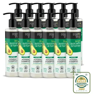 Image de 12 flacons de shampooing naturel réparateur à l'avocat et au miel de la marque Organic Shop - 280 ml - Lot de 12