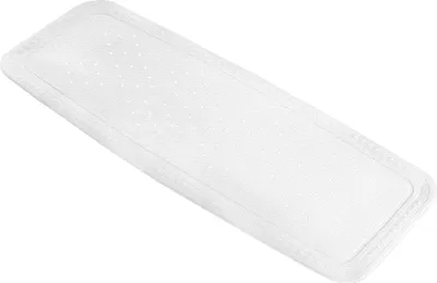 A white bath mat with a textured surface and small perforations, lying diagonally on a white background.