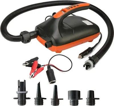 Obrázek produktu pro 12V vzduchová pumpa – Elektrická pumpa pro paddleboardy a lodě – 20 PSI, dvoustupňová – Automatické nafukování/vypouštění – LCD displej – 6 trysek + 1 konektor EU