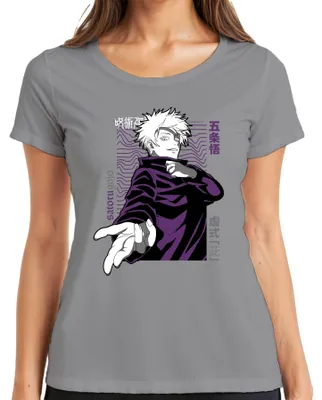 Imagen del producto de Camiseta de manga corta para mujer, estilo retro, con diseño de anime Jujutsu Kaisen, personaje Satoru Gojo, color morado. Disponible en gris, talla S