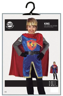 Imagen del producto de Traje de rey medieval para niños, capa de príncipe, manto de guerrero, corona. Ideal para disfraces, juegos de rol, carnaval, fiestas temáticas. Accesorio para fiestas. Disfraz de caballero. Talla: 98/104. Color: Azul