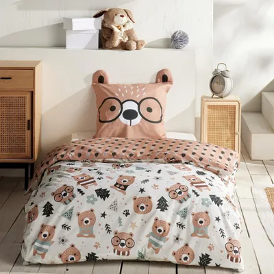 Produktbild von Kinderbettwäsche Set Bär 2-teilig 135x200 80x80 cm - Bärchen Bettwäsche Braun mit Ohren aus 100% Baumwolle mit Reißverschluss - Renforcé, atmungsaktiv