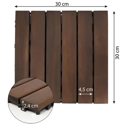 Immagine prodotto di Piastrelle per terrazza in legno di acacia 4iQ, 10 pezzi, 30x30 cm, marrone scuro, sistema a incastro, piastrelle in legno con 6 listelli per balconi, terrazze e giardini