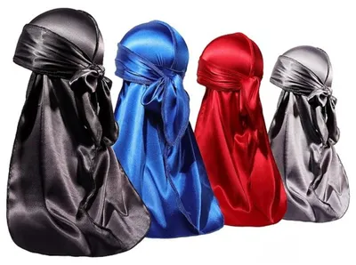 Produktbild von Durag-Set, 4 Stück – Kopfbedeckung – Wave-Cap – Kopftuch – Universal – Set mit 4 Farben: Schwarz, Blau, Rot und Silber