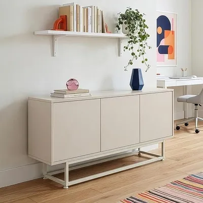 Produktbild von Sideboard Boxholm Lowboard Wohnzimmer Mehrzweckschrank mit 3 Türen Push-to-Open Kommode 120 x 30 x 55 cm Metallgestell verstellbar Sandfarben