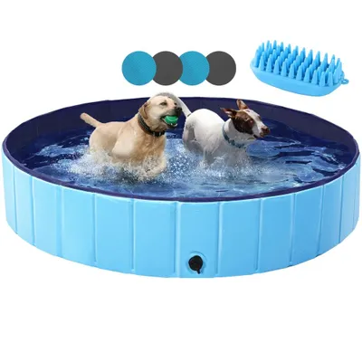 Produktbild von Yaheetech Faltbare Hundepool ⌀140 cm, Planschbecken für Hunde, mit Badebürste & 4 Flicken, Anti-Rutsch Hundebadewanne aus PVC, Blau