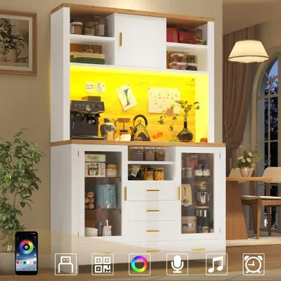 Produktbild von Landhausstil Buffetschrank mit LED, 6 Schubladen, 4 Türen & 3 Regalfächer, Weiß mit Holzdekor, Seitenboard / Aufbewahrungsschrank / Multifunktions-Küchenschrank , 120x40x188 cm