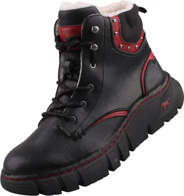 A single black boot with red accents and white fur lining, shown against a white background.