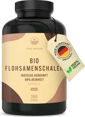 Produktbild von Flohsamenschalen - 360 vegane Kapseln (750mg) - 50% mehr Inhalt - 4500mg hochdosierte Tagesdosis - 88% Ballaststoffgehalt - 99% Reinheit - Indien - Deutsche Produktion - TRUE NATURE®