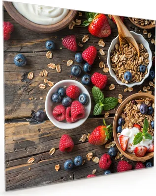Produktbild von Küchenrückwand Spritzschutz Glas mit Motiv Frühstück Müsli 40 x 40 cm