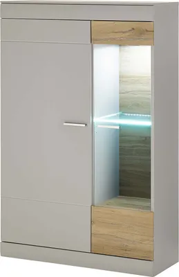Produktbild von Vitrine Scara - Kieselgrau matt Zinneiche mit LED-Glasbodenbeleuchtung