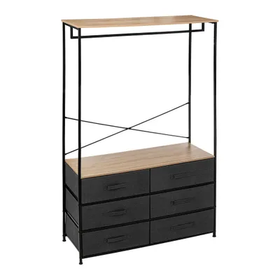 A garment rack with drawers and a top shelf.