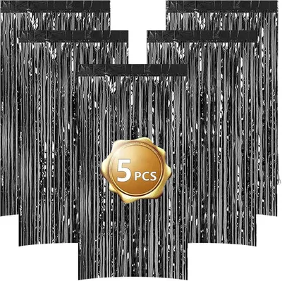 Produktbild von Lametta Vorhang Schwarz Glitter 5 Stück, 1 x 2 m, Folienfransen, für Hochzeit, Geburtstag, Dekoration