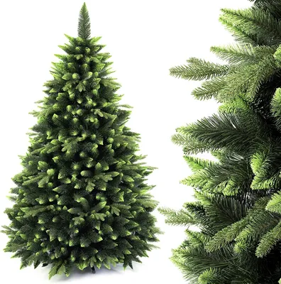 A full shot of an artificial Christmas tree on a white background, with a close-up of its branches on the right.