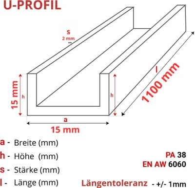 Produktbild von ALUMINIUM U-PROFIL 15x15x15x2 mm 110 cm ALUMINIUM PA38 + ZUSCHNITT NACH MASS