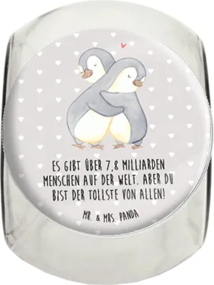 Produktbild von Mr. & Mrs. Panda Teedose Pinguine Kuscheln L 870ml - Grau Pastell - Geschenk, Hochzeitstag, Vorratsbehälter, Dekoglas, für Freundin, Hocheitstag, Frischhaltedose, Freund