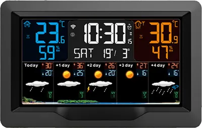 Zdjęcie produktu dla FJ3390TY-A Inteligentna stacja pogodowa WIFI z zegarem do pomiaru temperatury i wilgotności wewnątrz i na zewnątrz Wielofunkcyjny zegar pogodowy z dużym kolorowym ekranem Miernik temperatury i wilgotności z 1 czujnikiem, współpracuje z inteligentną aplikacją