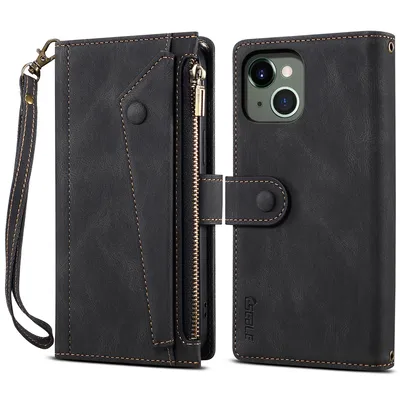 Obrázek produktu pro Ochranné pouzdro pro iPhone 13, kožené pouzdro na zip, skládací peněženka s přihrádkou na karty, stojánek a poutko černé
