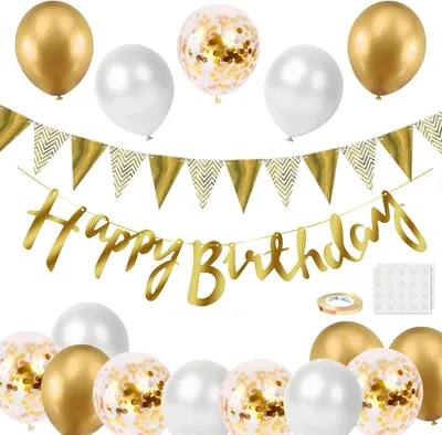 Produktbild von Ballon- und Geburtstagsdeko Set, Weiße und Goldene Happy Birthday Banner, Goldene Ballons, Konfetti Ballons