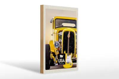 Produktbild von Holzschild Reise 20x30cm Amerika Oldtimer gelb Auto Gitarre