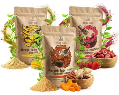 Produktbild von Mary Rose - Matcha Tee Set Red, Orange, Yellow 3x50g - Natürliche Pulver Mit Erdbeere, Kürbis & Mango - Ohne Koffein - Für Latte & Desserts