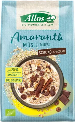Produktbild von Allos 136352, 375 g, Gluten, Nüsse, Sesamsamen, HAFERVOLLKORNFLOCKEN*, Amaranthvollkorn* gepoppt (20%), Schokocornflakes* (12%) (Mais* gemahlen,..., Deutschland, 1766 kJ, 420 kcal